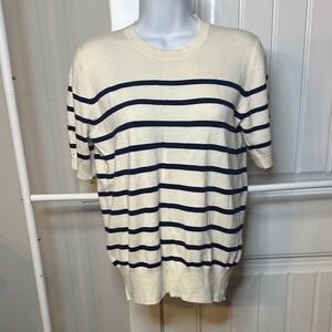 Zara Size Large Cream & Navy‎ Striped Knit Short Sleeve Sweater